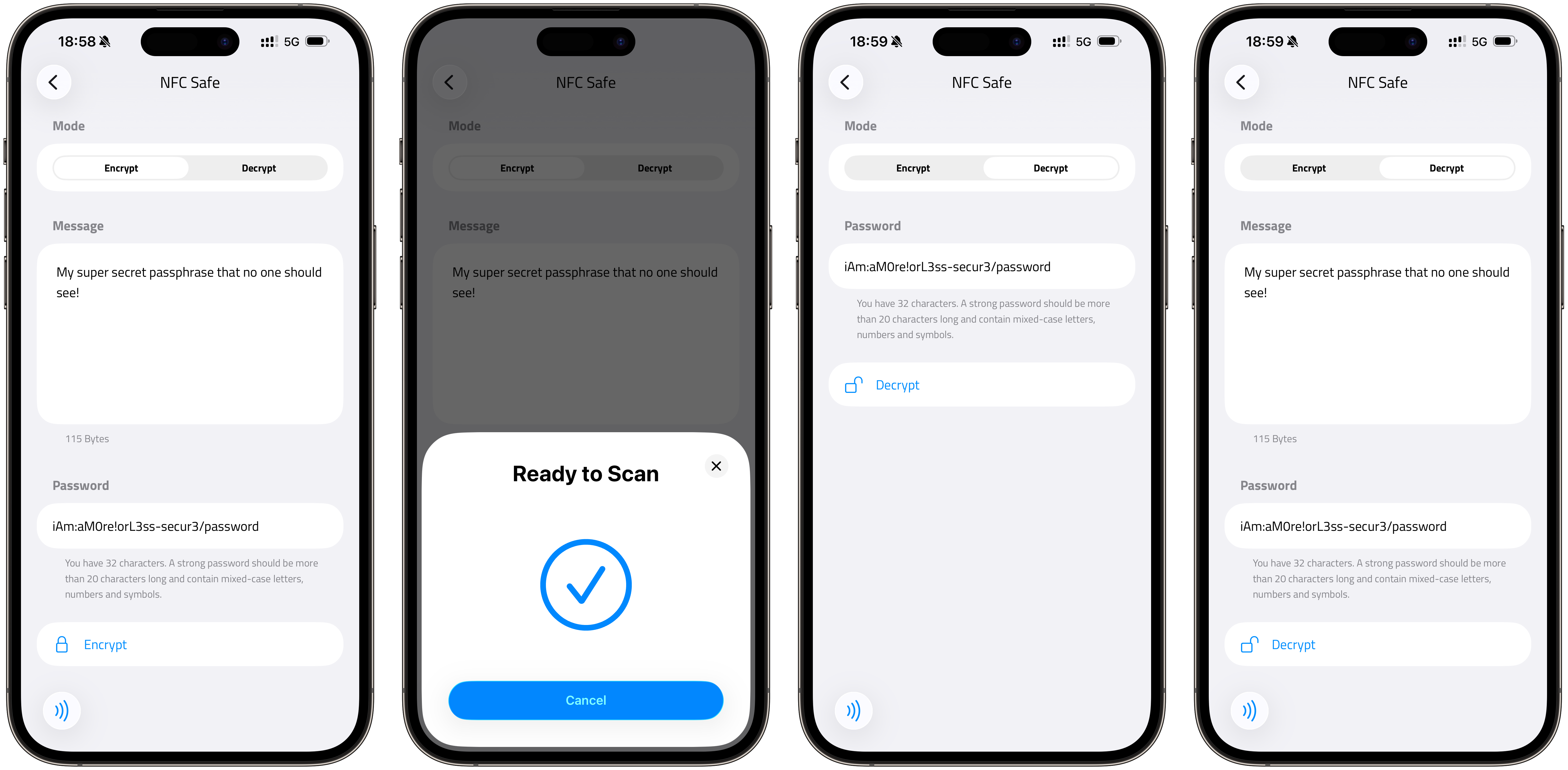 NFC Safe encrypt and decrypt workflow: enter secret and passphrase, scan tag to encrypt, then switch to decrypt mode, enter passphrase, scan tag to reveal the secret